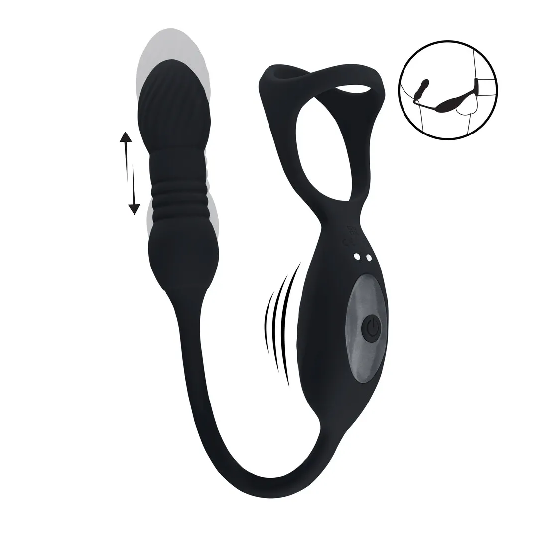 Vibrerende en Duwende Silicone Tri O Cockring met Prostaat Stimulator - Zwart
