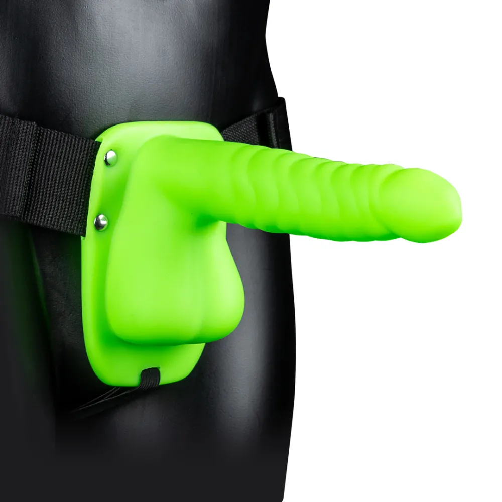 Glow in the Dark Ribbed Hollow Strap-On met Ballen - 8 / 21 cm - Neon Groen