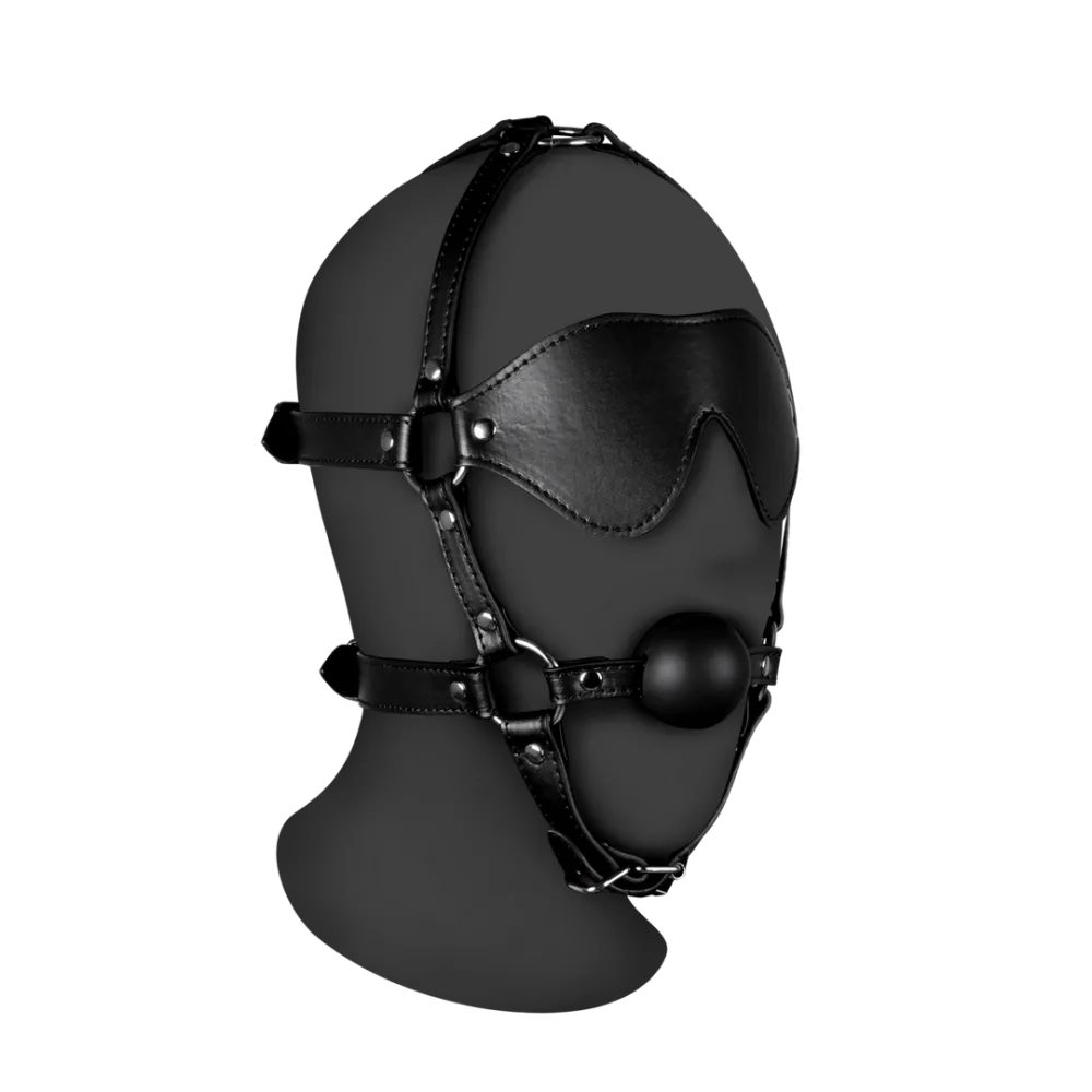 Blindfolded Head Harness met Solid Ball Gag - Zwart
