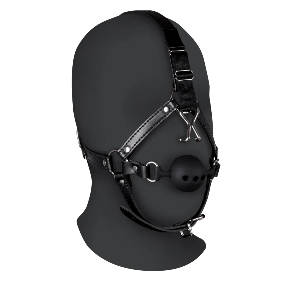 Hoofdharnas met ademende ball gag en neus haken - Zwart