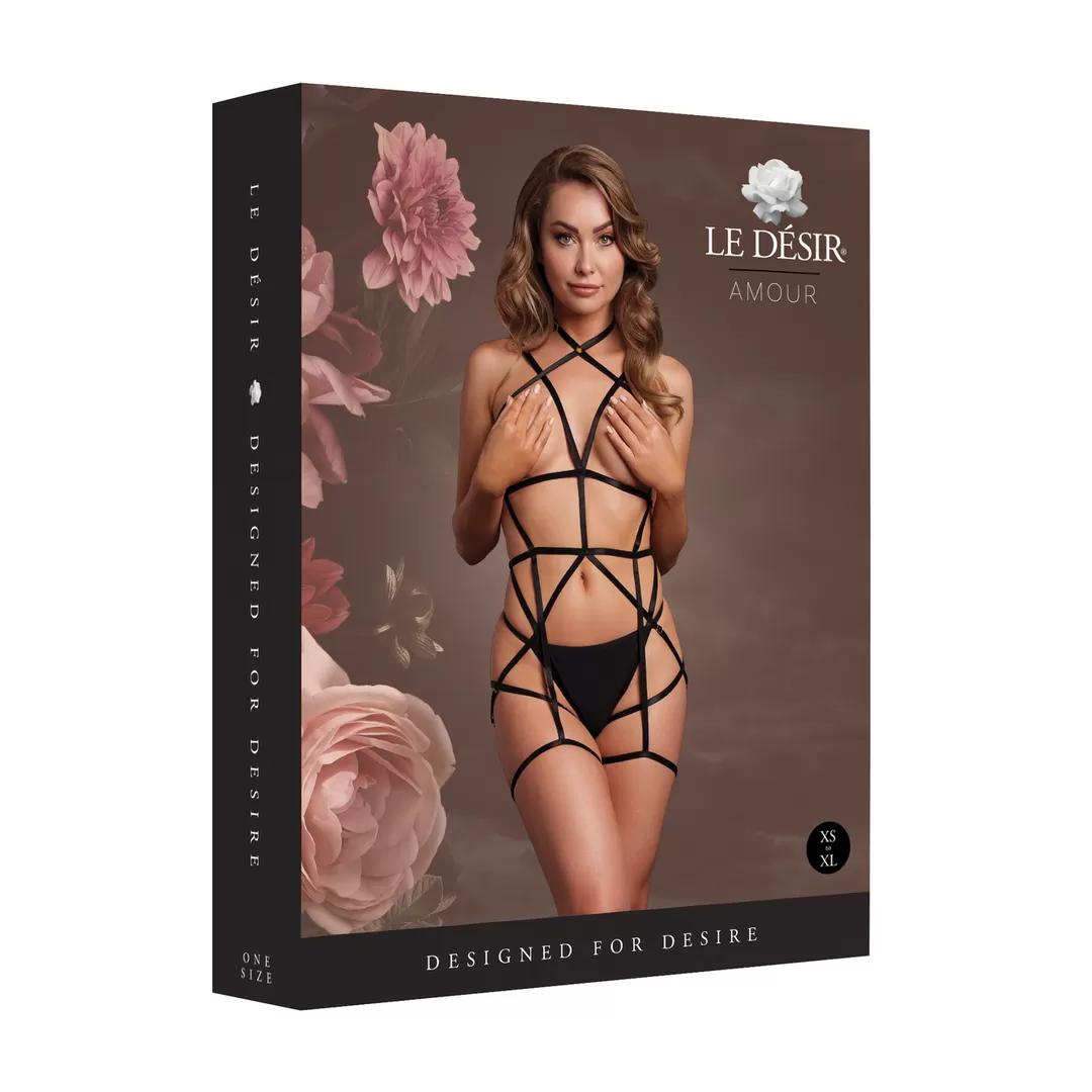 Bodyharnas met open cups en jarretels - Zwart