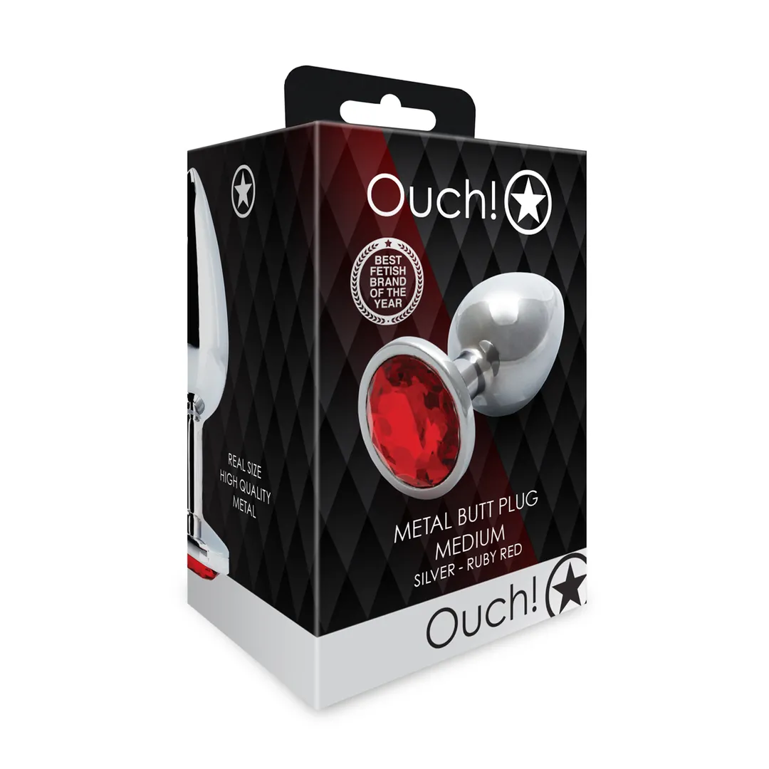 Ronde Edelsteen Butt Plug - Medium - Zilver/Ruby Rood