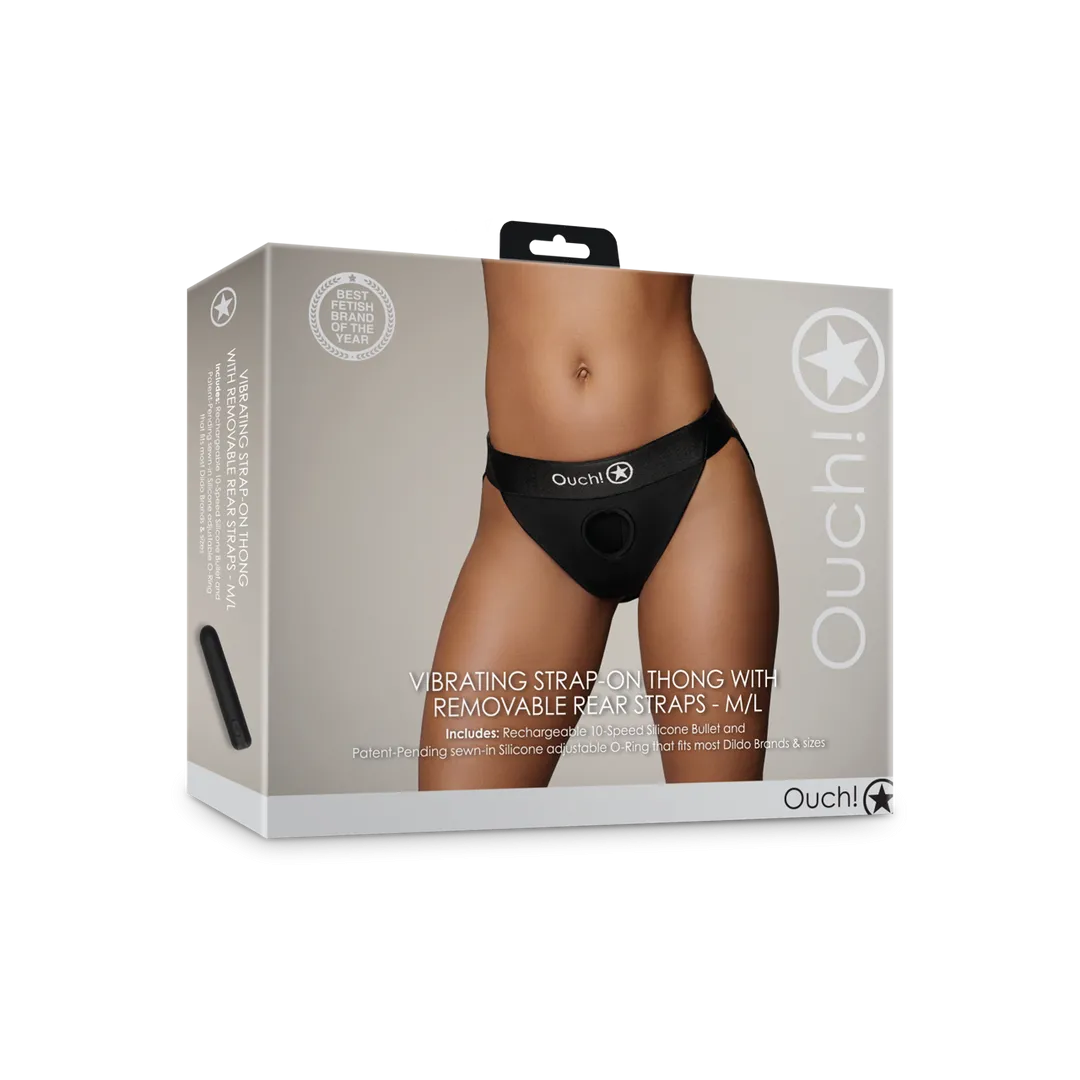 Vibrerende Strap-on Thong met Verwijderbare Butt Straps - M/L - Zwart