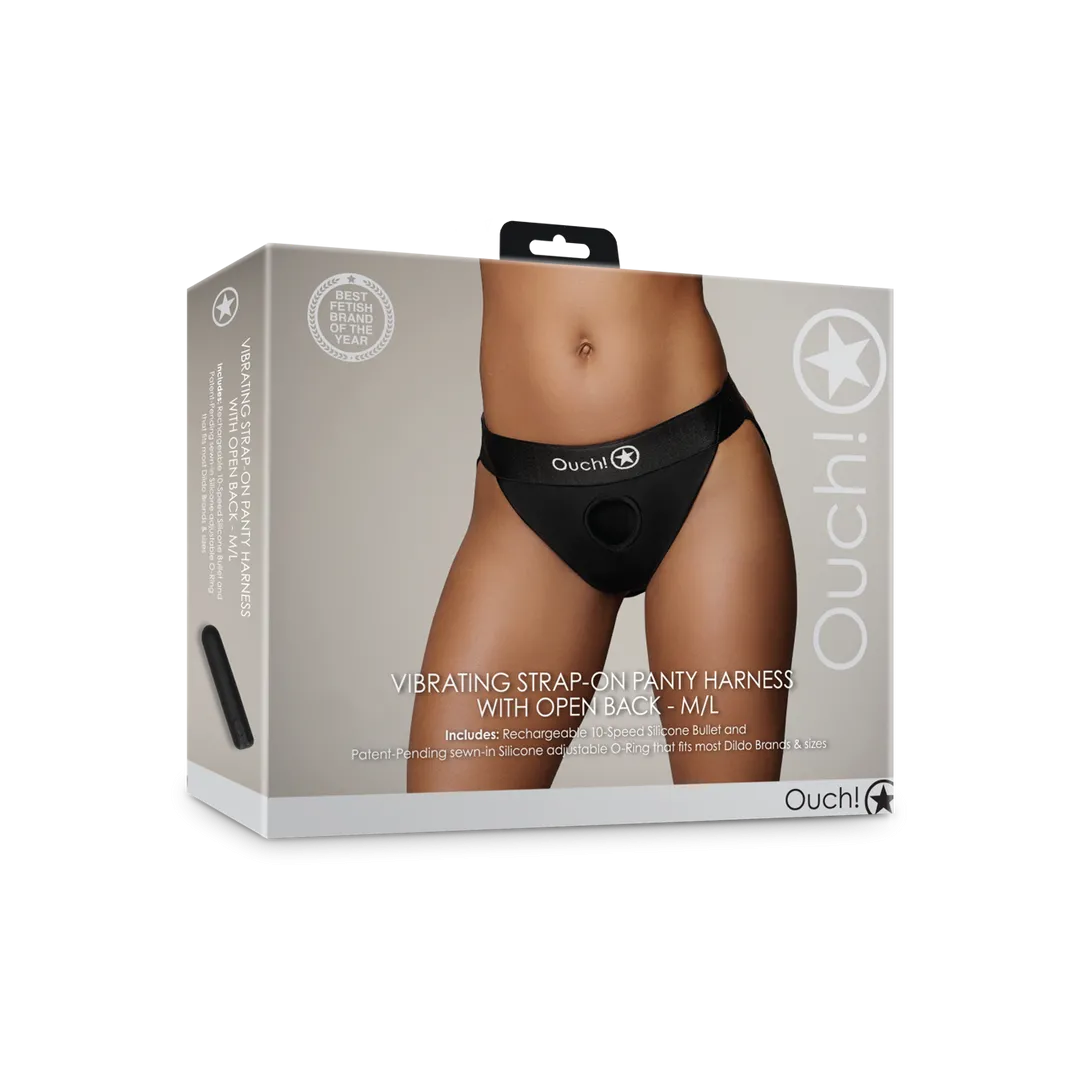Vibrerende Strap-on Panty Harnas met Open Rug - M/L - Zwart