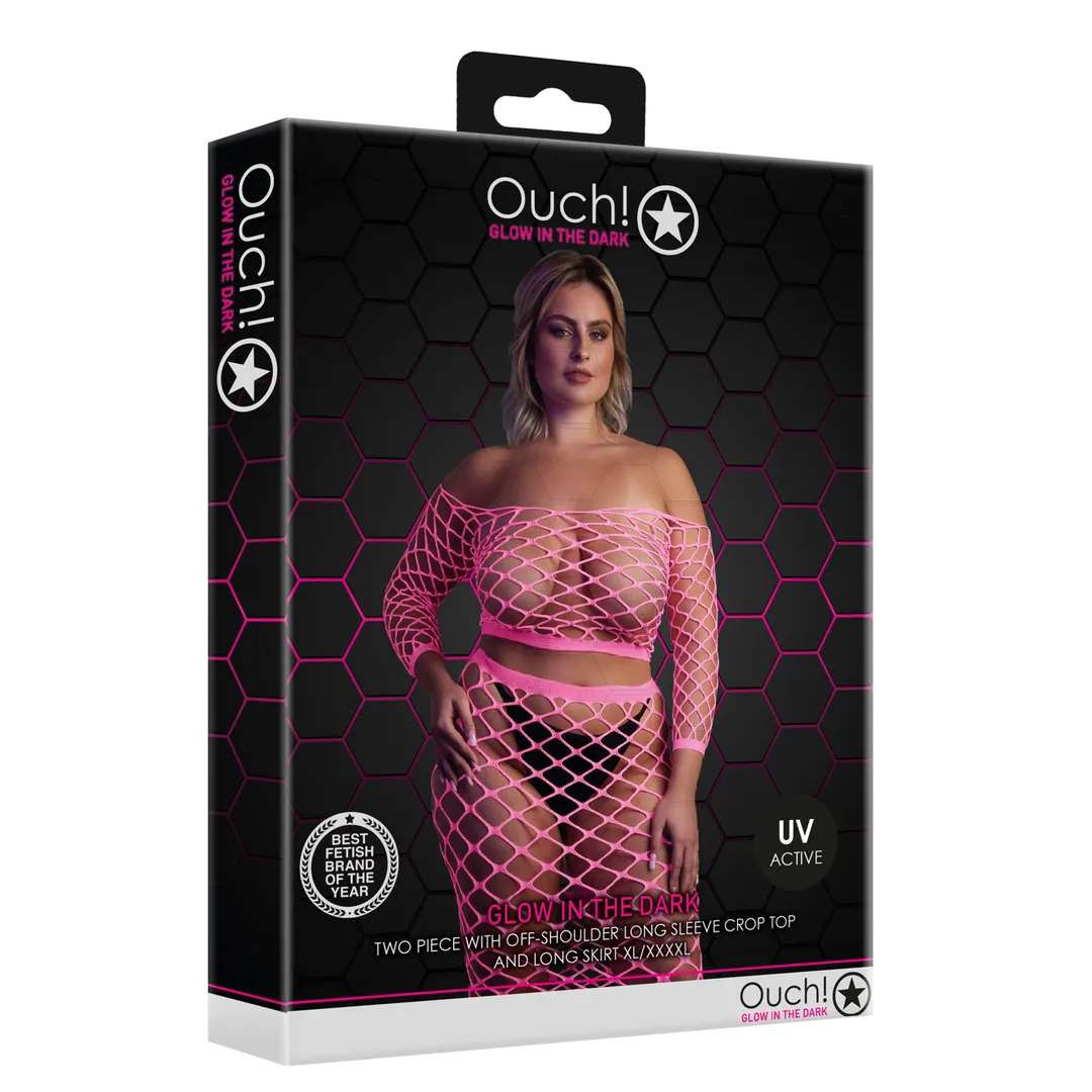 Langemouwen Crop Top en Lange Rok - Plus Size - Neon Roze