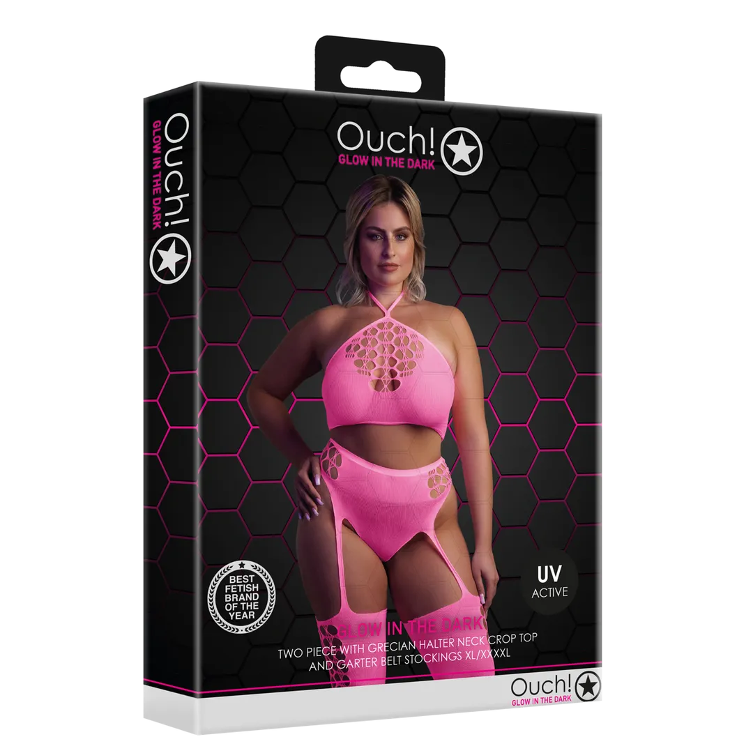 Twee Delige Set met Crop Top en Kousen - Plus Size - Neon Roze