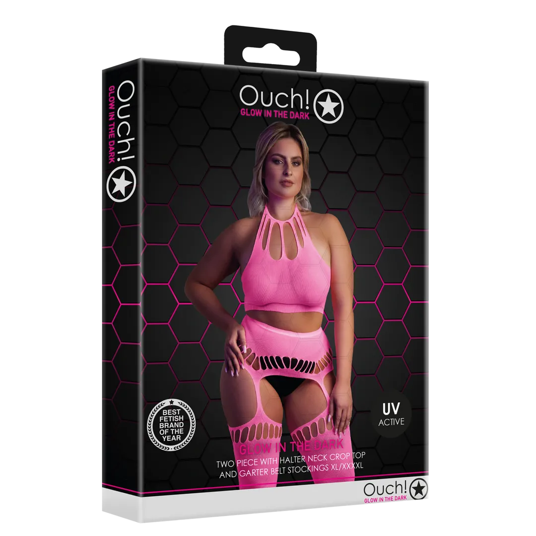 Twee-delige set met crop top en kousen - Plus Size - Neon Roze