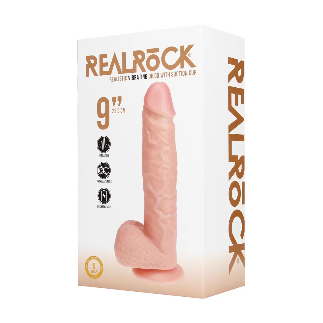 Vibrerende Reguliere Rechte Penis met Ballen - 9 / 23 cm - Vlees