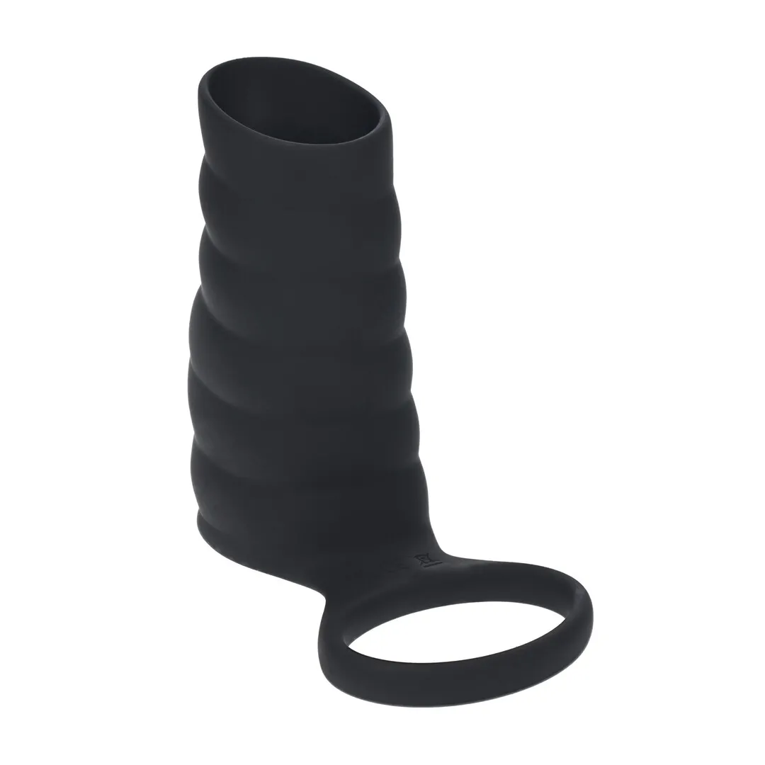 Vibrerende Geribbelde Siliconen Cock Sleeve en Ball Ring - Zwart