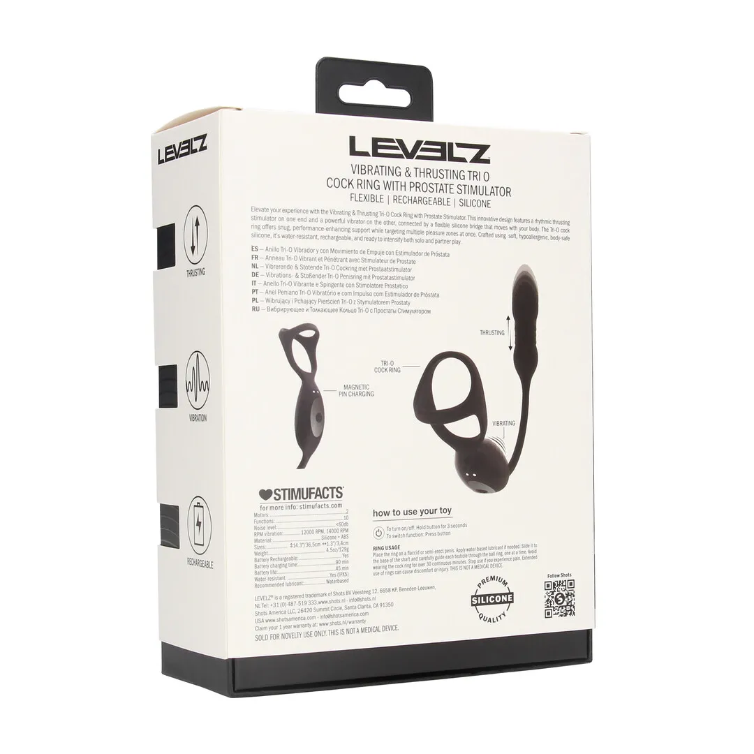 Vibrerende en Duwende Silicone Tri O Cockring met Prostaat Stimulator - Zwart
