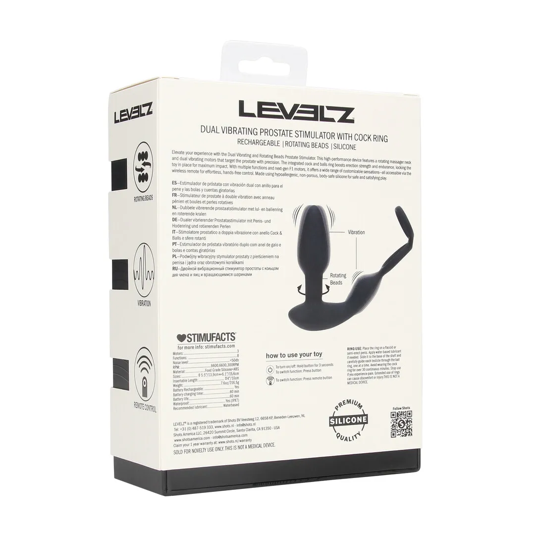 Dual Vibrating Remote Rotating Beads Silicone Prostate Stimulator with Cock and Ball Ring - Black