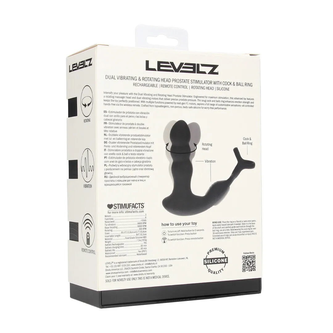Dual Vibrating Remote Rotating Head Silicone Prostate Stimulator with Cock and Ball Ring - Black