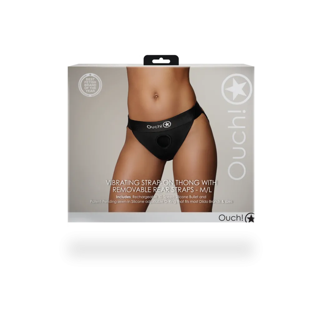 Vibrerende Strap-on Thong met Verwijderbare Butt Straps - M/L - Zwart