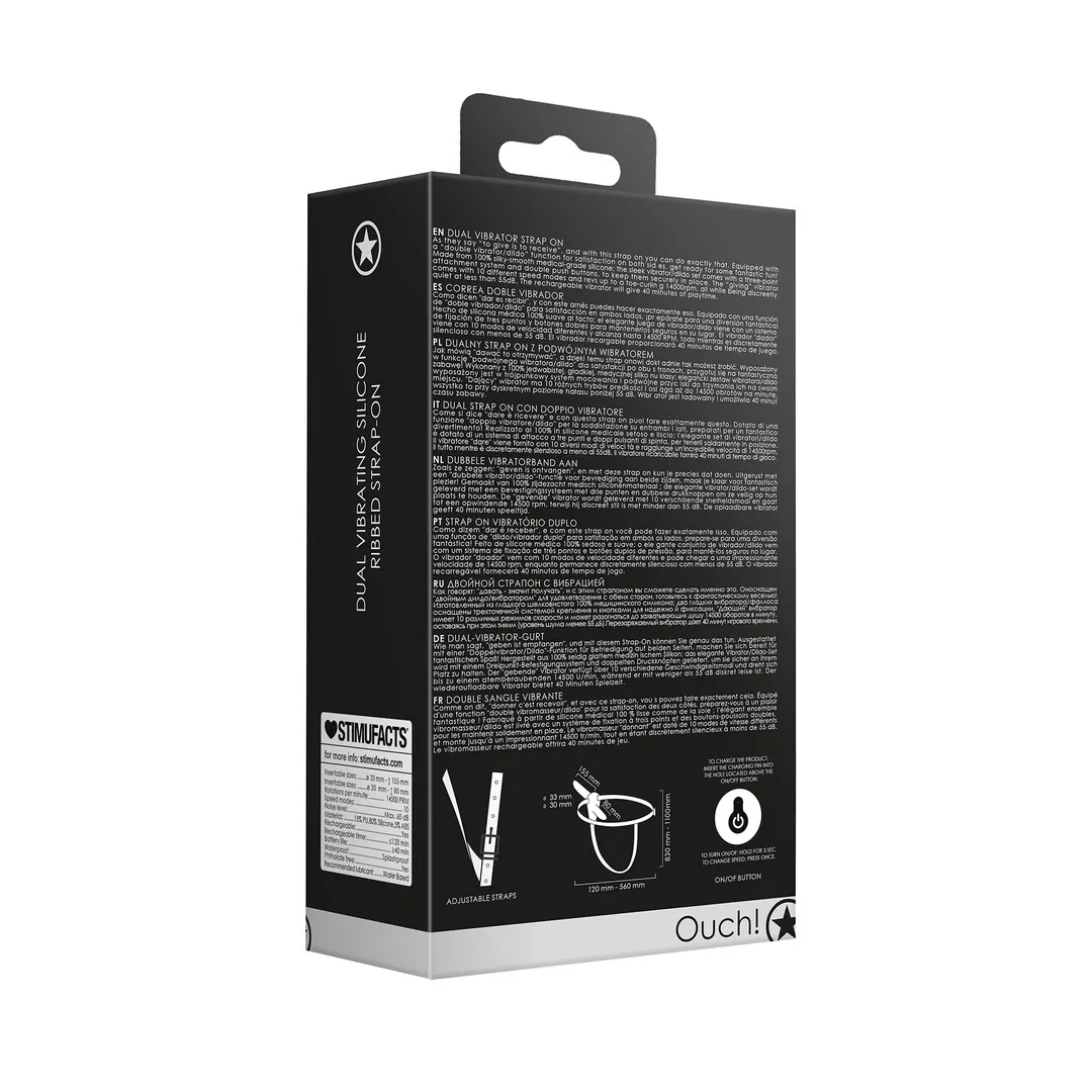 Dual Vibrating - Oplaadbaar - 10 Snelheden Silicone Ribbed Strap-On - Verstelbaar - Zwart