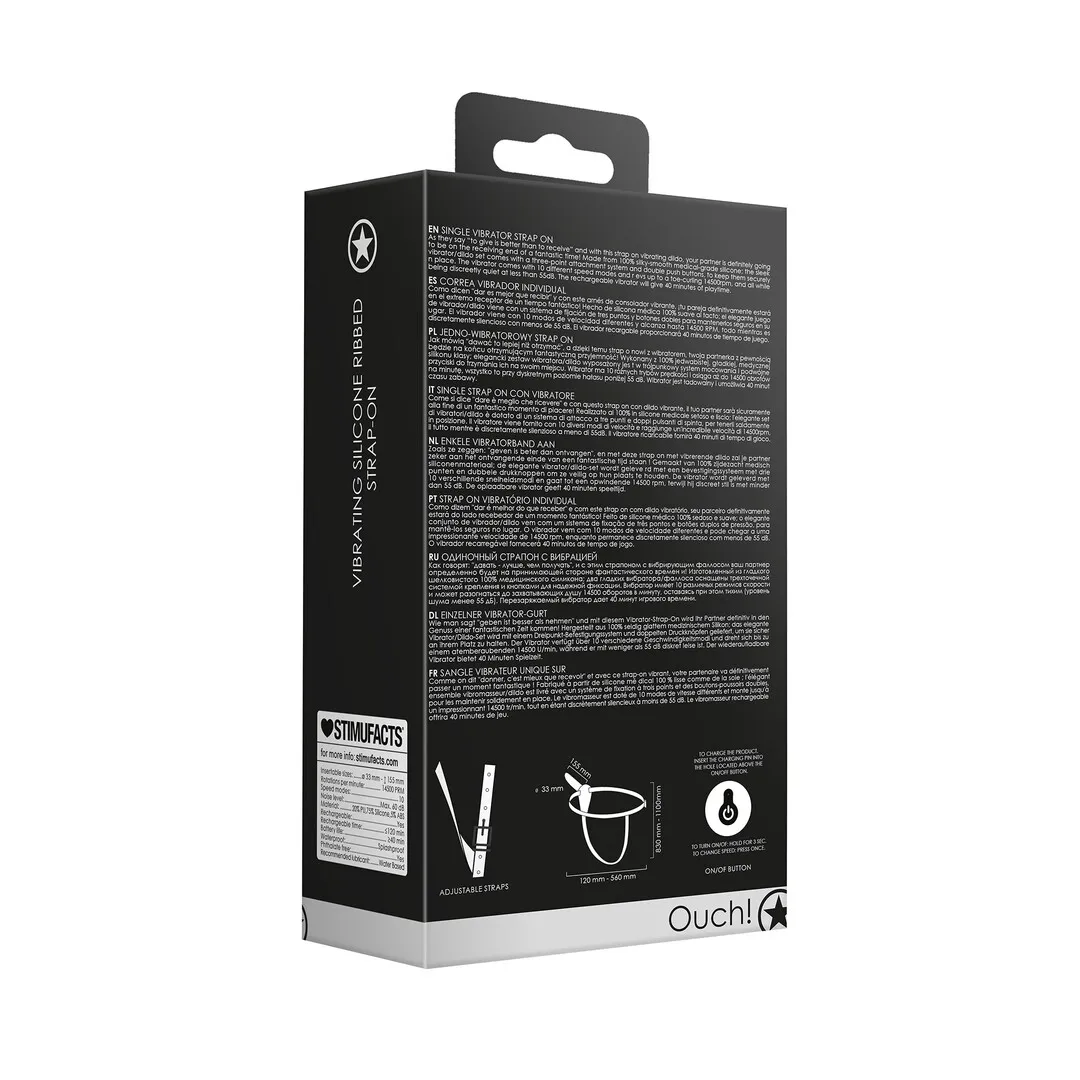 Vibrerende en oplaadbare - 10 snelheid silicone geribbelde strap-on - Verstelbaar - Zwart