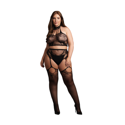 Twee Delige Set met Halter Turtleneck en Pantie met Aangehechte Kousen - OSX - Zwart